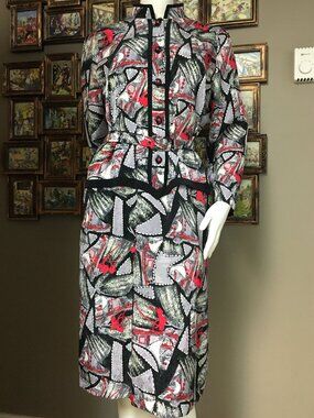 Vintage 80s Geometric Art Deco Mobster Yakuza Girl Belted One Piece Dress